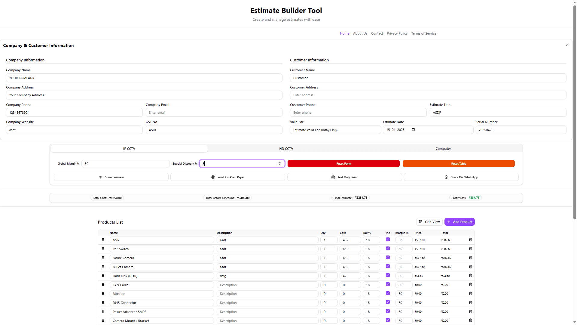 Estimate Builder Tool